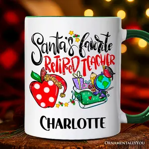 Santa's Favorite Retired Teacher Personalized Mug, Retirement Appreciation Gift with Custom Name