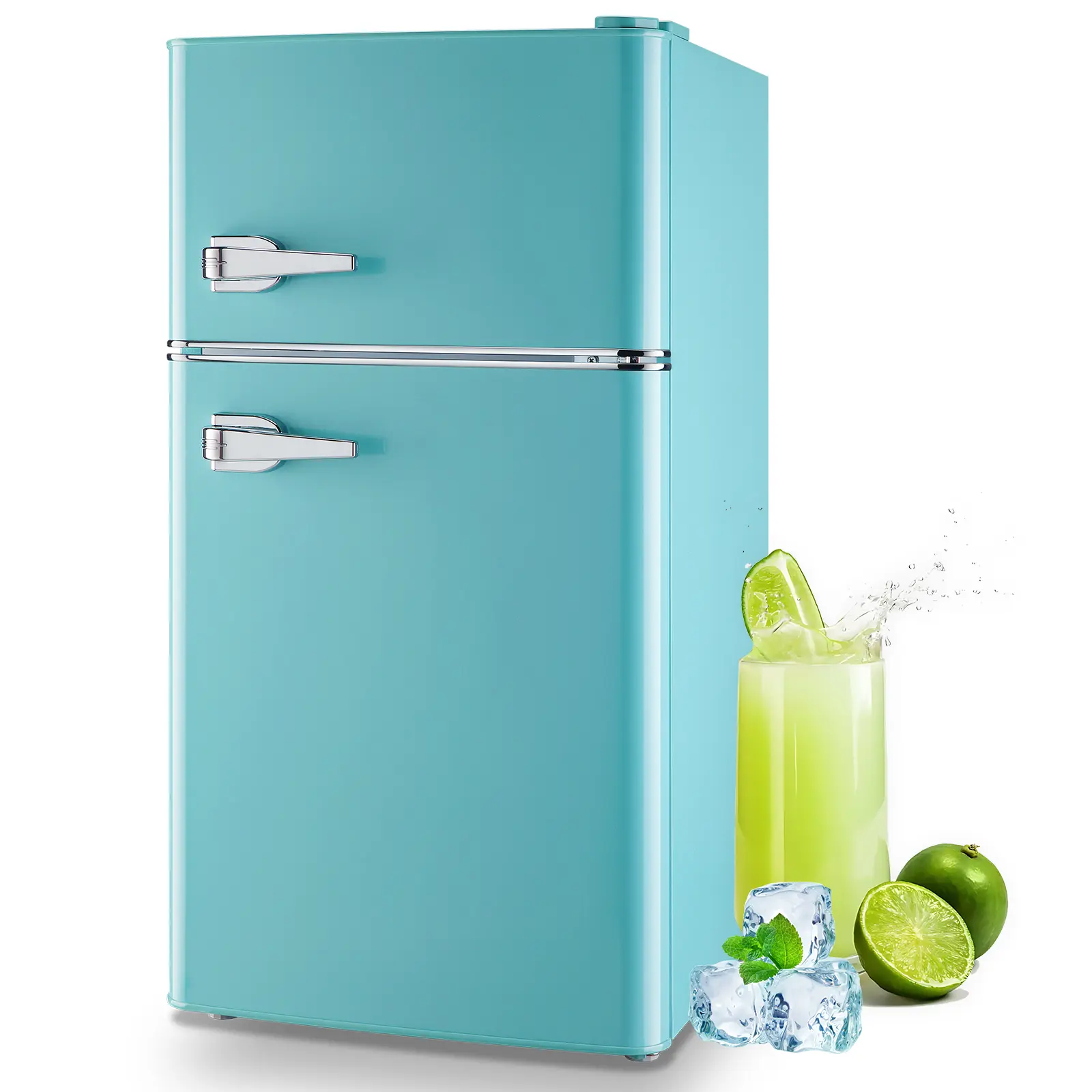 WANAI Double-Door Small Refrigerator with Freezer, Adjustable Glass Shelves, Retro Handles, 7-Level Temperature Control - Portable Personal Fridge, Bedroom Fridge with US Plug for Dorm, Office (Blue/Yellow/Red), Portable Fridge, Personal Refrigerator