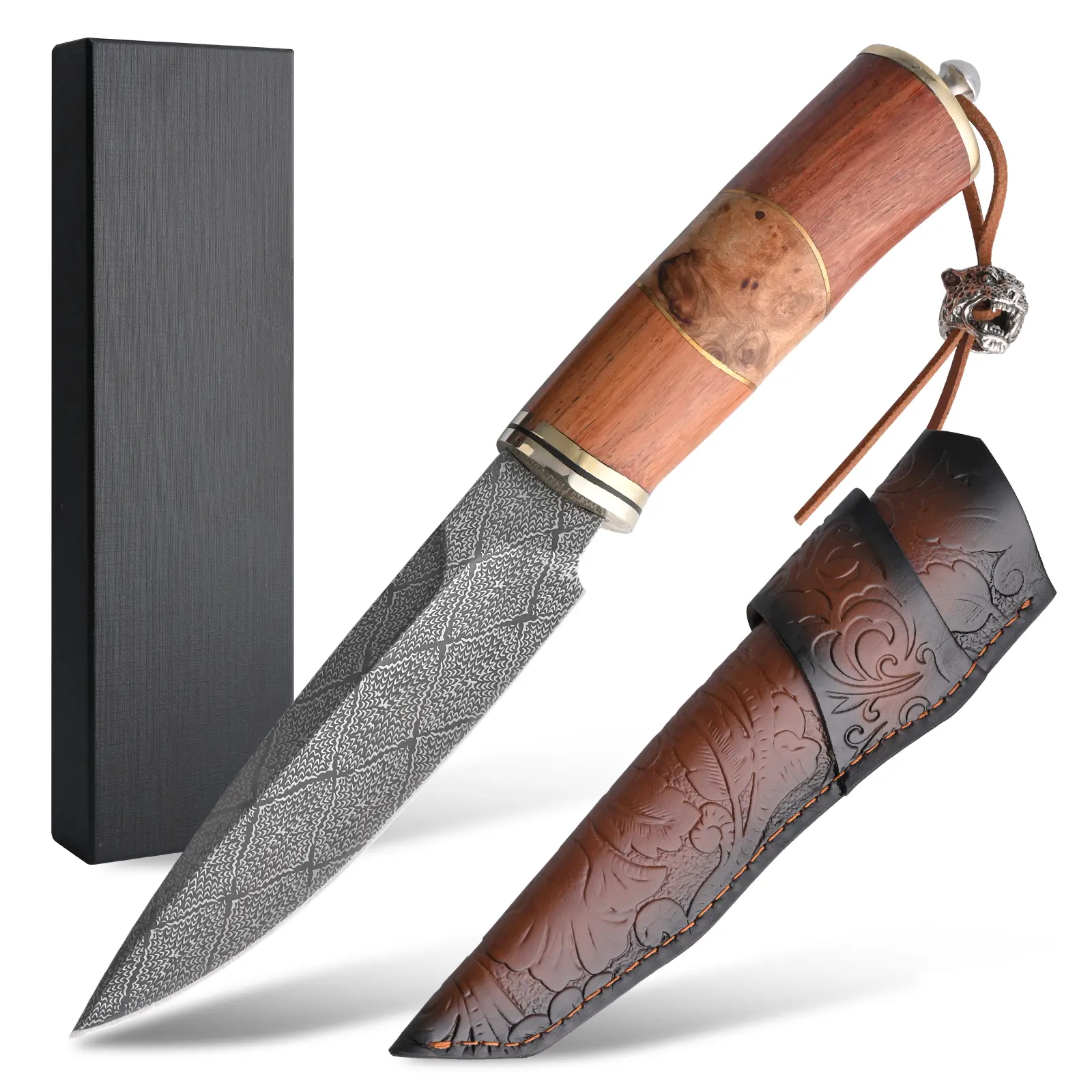 Hand forged fixed blade knife with scabbard, suitable for camping, hunting, and wilderness survival - outdoor knife gift for men, fathers, and explorers