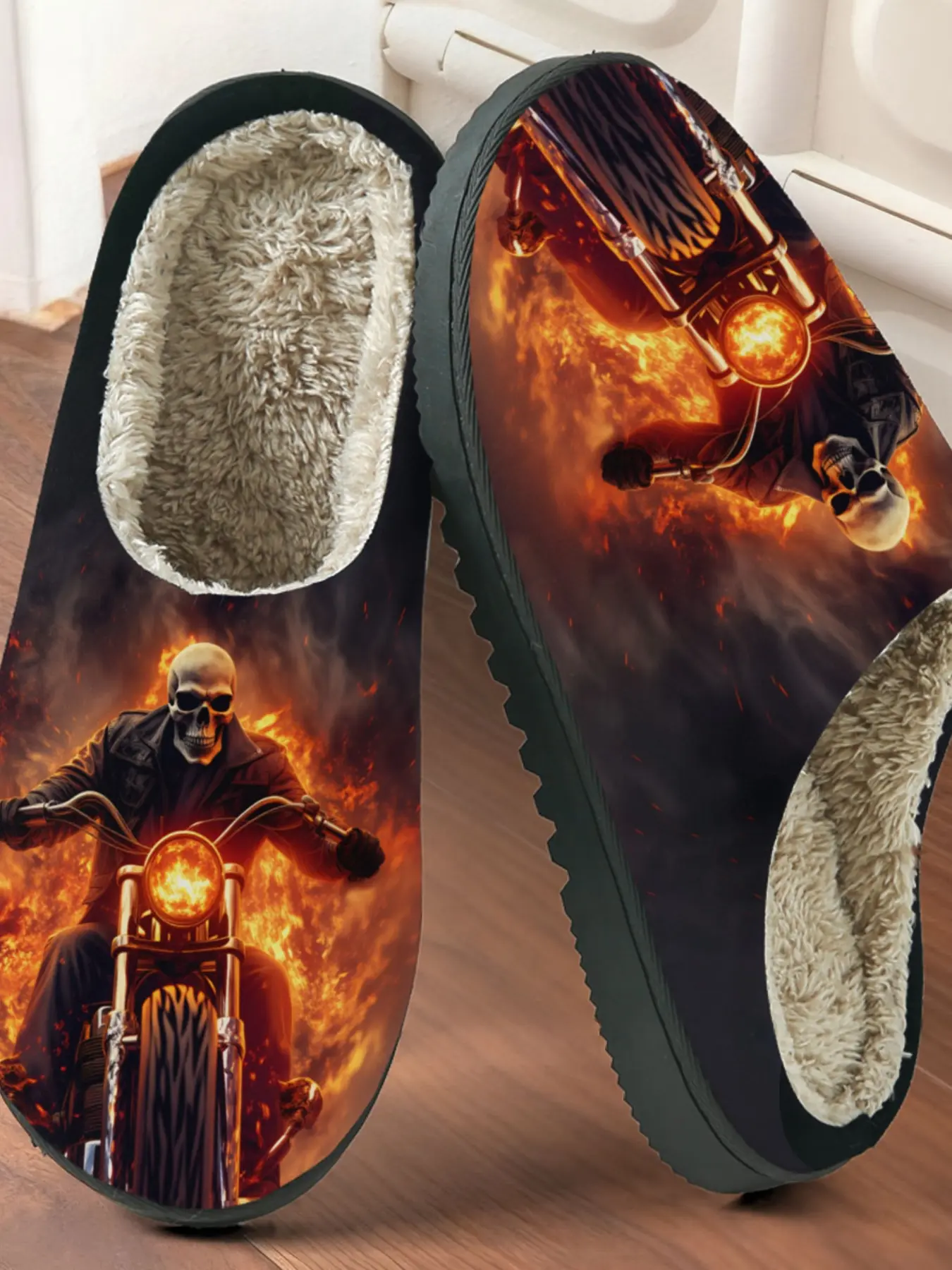Ghost Rider Theme Printed Cotton Slippers, Dark Cool Style, Fuzzy Lined Anti-Slip Thick Sole, Home Use Men Women Fall Winter Warm Shoes
