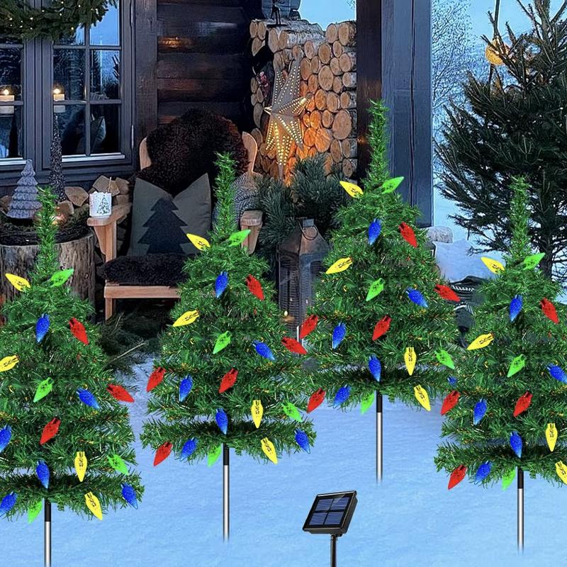 Product Introduction of 1 Tow 4 Solar Christmas Tree Lights. Includes 80 colorful strawberry bulbs, IPX4 waterproof, suitable for outdoor patio garden decorations for festivals, driveways and Christmas parties! 12