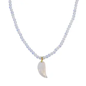 Opalite 110.00 ctw Carved Wing Pendant with Beaded Necklace in Goldtone 18-20 Inches Christmas Gifts Opalite 110.00 ctw Carved Wing Pendant with Beaded Necklace in Goldtone 18-20 Inches Christmas Gifts