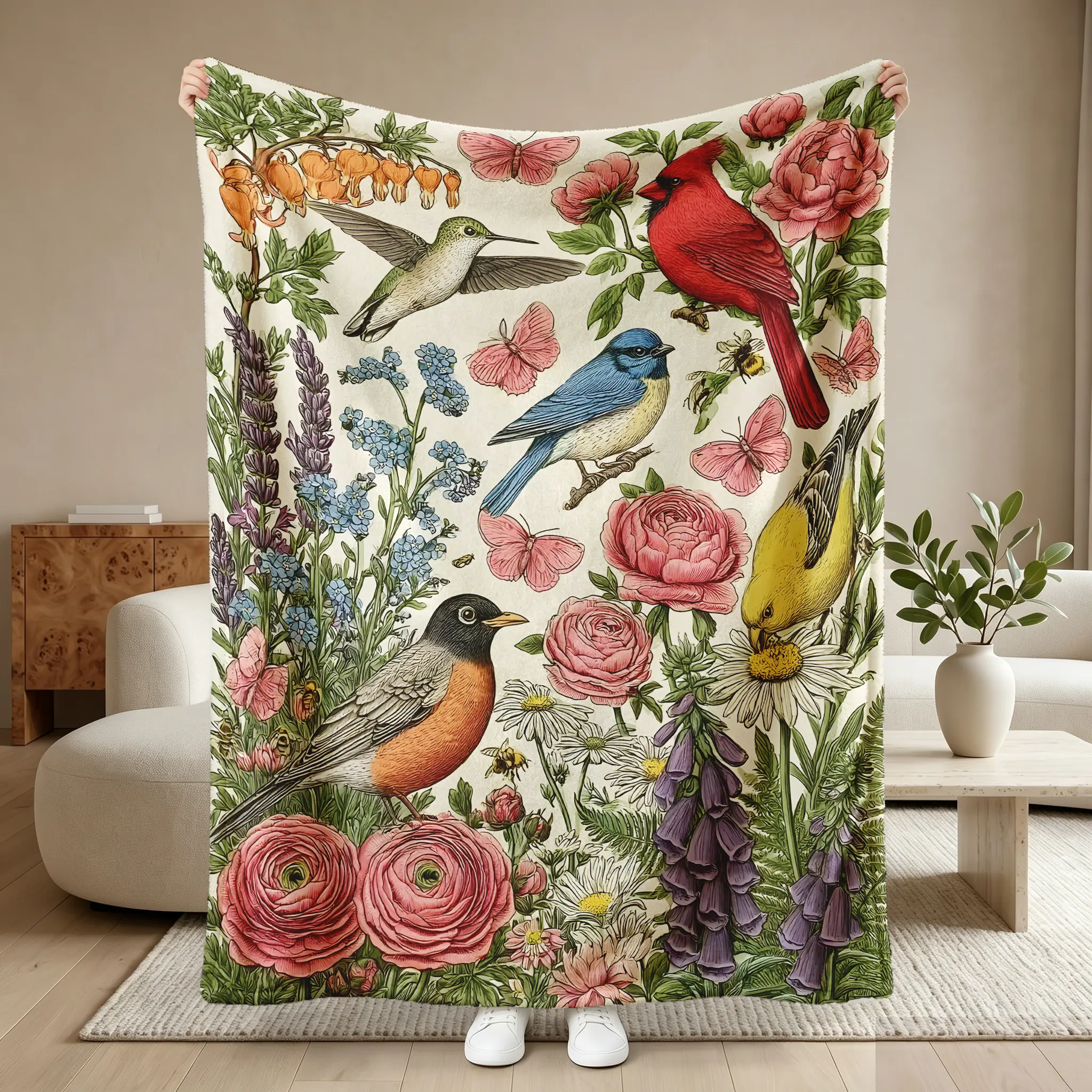Vintage Wildflower & Bird Motif Blanket - Fluffy Boho Bohemian Style Art Graphic Plush Fleece Throw - Aesthetic Cottagecore Decor - Ultra Soft Gift for Nature Lovers, Fluffy Blankets, Boho Blankets