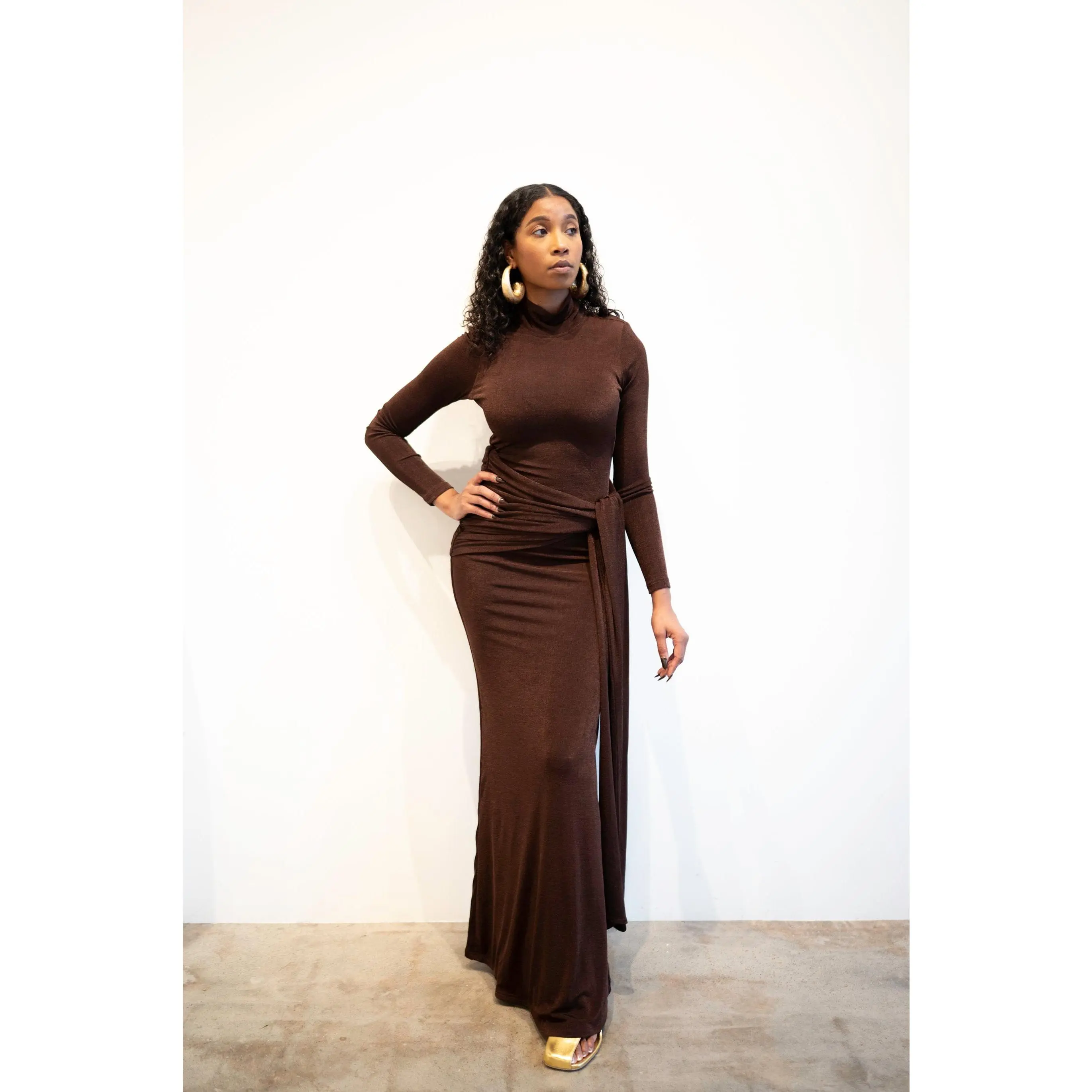Liv Long Sleeve Slinky Dress in Dark Chocolate