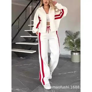 Striped zipper jacket+sports pants two-piece set for women's casual bat sleeve sports jacket set for autumn and winter sports shirt set