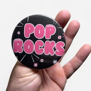 Pop Rocks Retro Punk Pin Large 3" Button with Bold Pink Text and Black Background