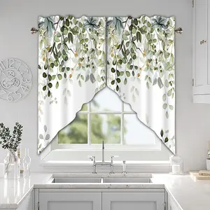 Sage Green Eucalyptus Swag Curtain Valance for Windows,Watercolor Leaves Window Treatments Short Swag Topper for Kitchen Windows Bathroom Bedroom,28 x 36 Inch