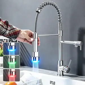 Kitchen Faucet Commerical LED Kitchen Faucet with Pull Down Sprayer, Stainless Steel Brushed Nickel Kitchen Sink Faucet with Single Handle for Modern RV Farmhouse Camper Laundry Bar Sink
