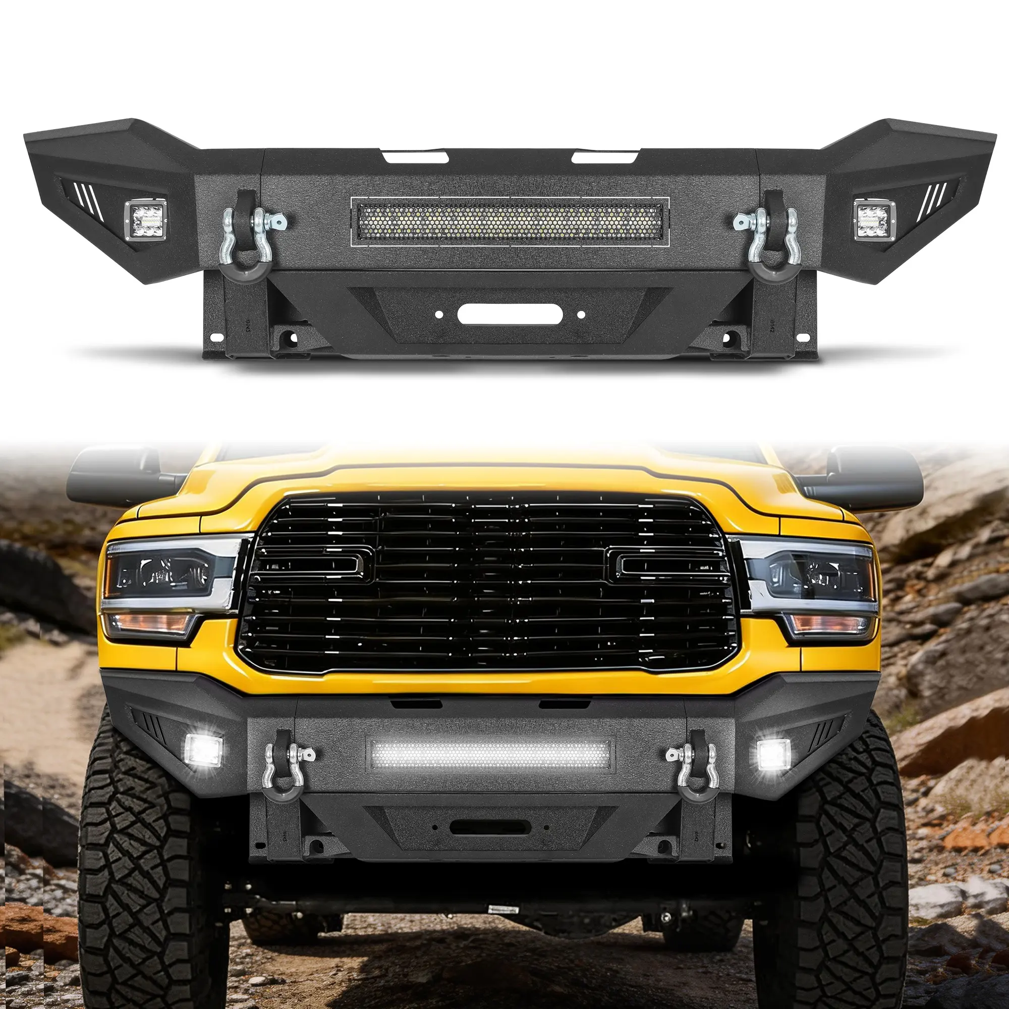 MONOKING  Front and Rear Bumper Set for 2019-2024 Ram 2500, Steel Off-Road Bumpers with LED Lights and License Plate Lamps