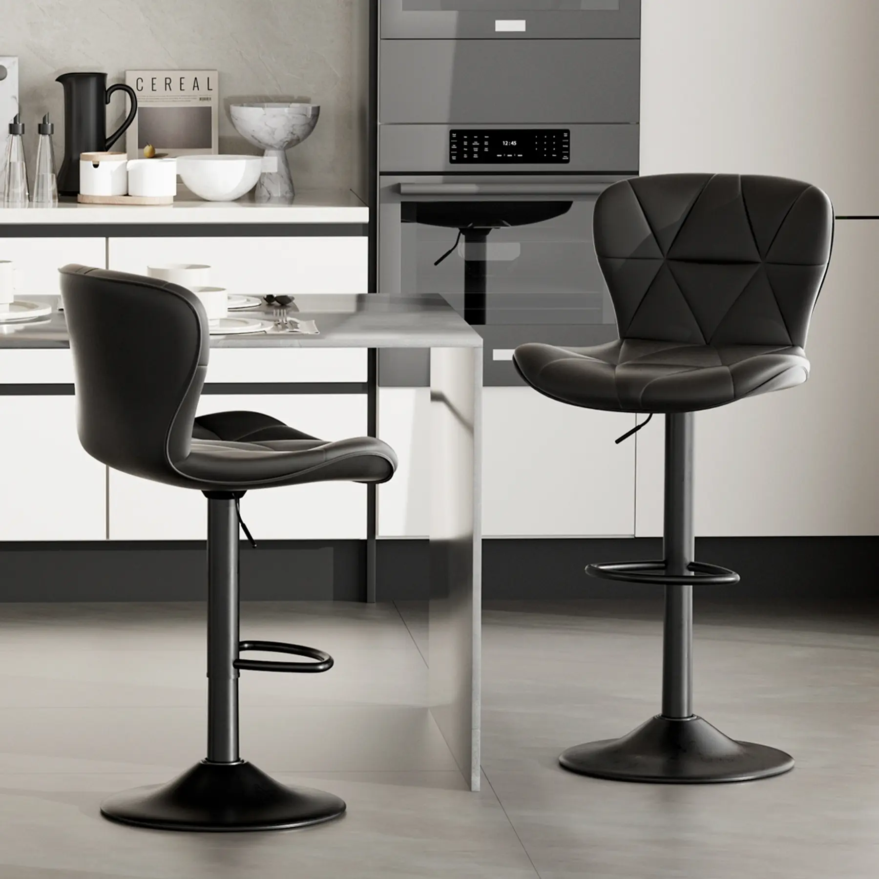 Adjustable Swivel Bar Stool in Black – Faux Leather Upholstered Counter Height Chair with High Backrest, Footrest & Sturdy Metal Base for Kitchen Island, Café & Home Bar (300 LBS Capacity, Single or Set of 2)