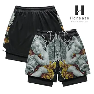 Summer Streetwear Statement: Men's Vintage Angel Cherub Printed Board Shorts, Retro Art Graphic Quick Dry Beach Pants, Loose Fit Dual Layer Shorts for Holiday and Casual Outings