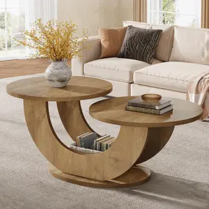 TRIBEWOOD Round Living Room Coffee Table, 2-Tier Farmhouse Coffee Table with U-Shaped Frame, Low Accent Center Cocktail Table for Home, Apartment