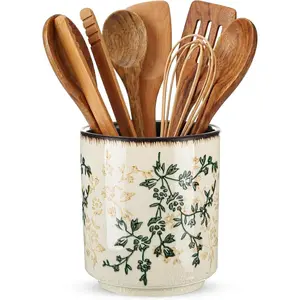 Kitchen Ceramic Utensil Holder Rustic 5.5" Green Floral Utensil Crock for Countertop Tuscany Cooking Tools Storage Caddy for Spatula Spoon Farmhouse Decor Housewarming Gift