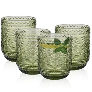 4-Pack Vintage Drinking Glasses, 12 oz Embossed Floral Glassware, Decorative Glass Cups in Green, Ideal for Whisky, Beer, Juice, Cocktails. Sturdy Tumblers with Colored Glass for Beverages.