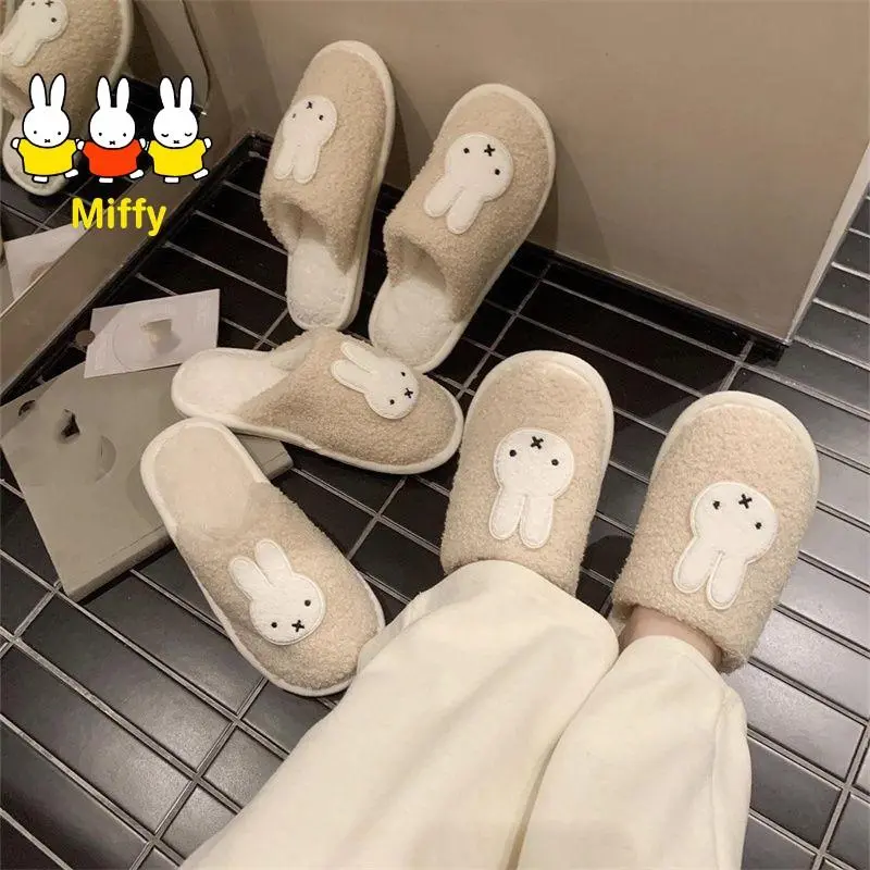 Kawaii Miffy Rabbit Slippers Cute Miffy Rabbit Indoor Headband Cotton Slippers Cartoon Plush Cotton Slippers for Couples  Winter