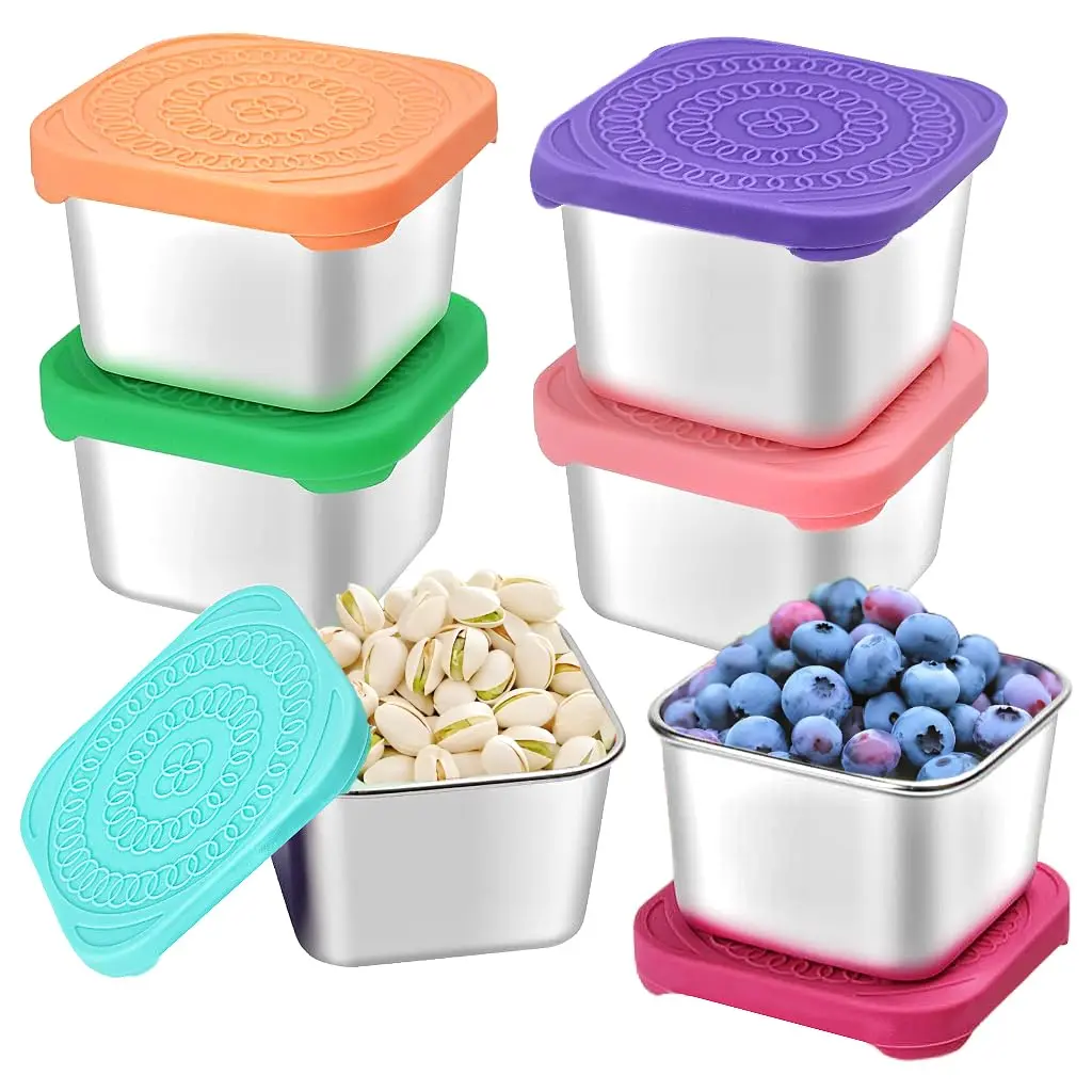 6-Pack 6oz Kids' Stainless Steel Snack Containers - Leakproof Containers with Reusable Silicone Lids, Easy-Open, Stackable Toddler Lunch Boxes for Daycare, Travel, Leakproof Container