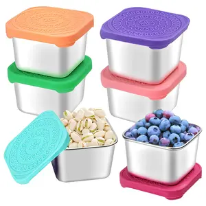 6Pack 6oz Snack Containers for Kids, Easy Open Leak Proof Stainless Steel Snack Containers with Silicone Lids, Stackable Metal Toddler Lunch Box for Daycare, School and Travel