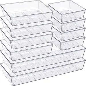 Drawer Organizer, 10 Pack Large Clear Plastic Set, 3 Size Versatile Bathroom and Vanity Organizer Trays, Storage Bins for Makeup, Bedroom, Kitchen Utensils
