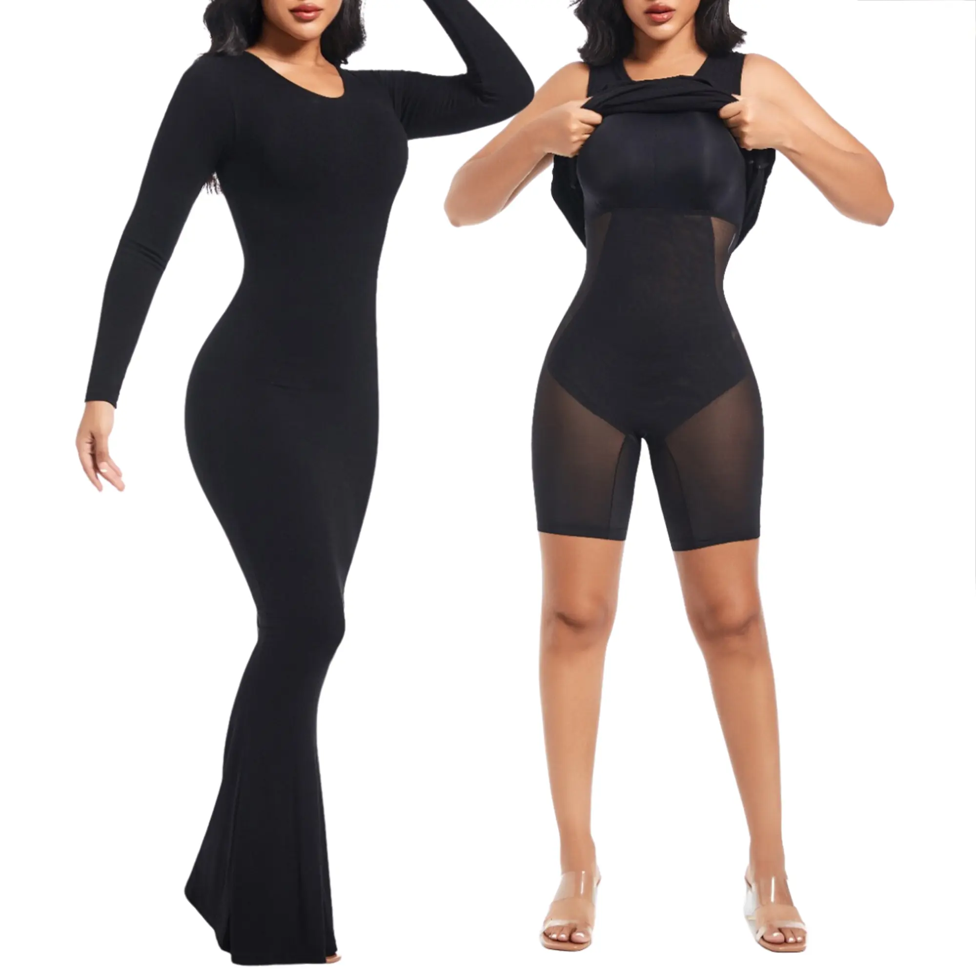Soo Slick Shapewear Long Sleeve Maxi Dress with Crew Neck | Elegant Womenswear | Cocktail Casual Wear | Comfortable Day Underwear Lady Summer Basic
