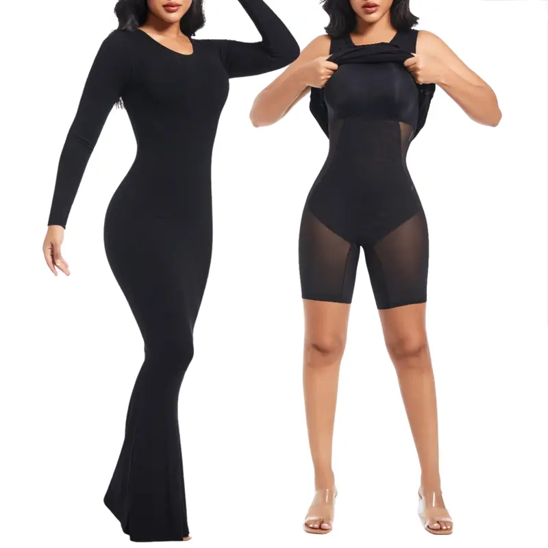 Soo Slick Women's Longsleeves Crew Neck Shapewear Maxi Dress - Breathable Premium Fabric, Plain, Minimalist, Basic, Chic, Comfortable, Classic Look, Machine Washable, for Cocktail Casual Wear, Black