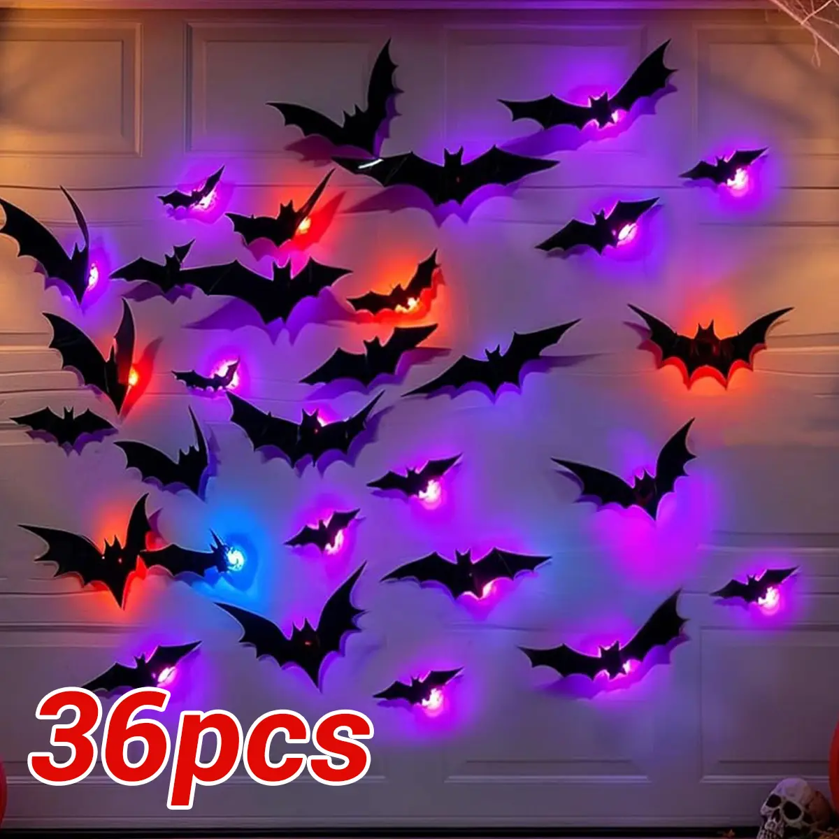 36 Pack Light Up Bats Halloween Decorations, 3D, LED Lights, Wall Decor, Removable Bat Stickers, Indoor Outdoor Window Bathroom Garage Door Home Party Use