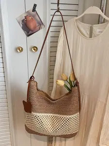 Women's Zipper Closure Woven Grass Bag, Large Capacity Beach Accessory, Fashionable Summer Straw Satchel for All Seasons