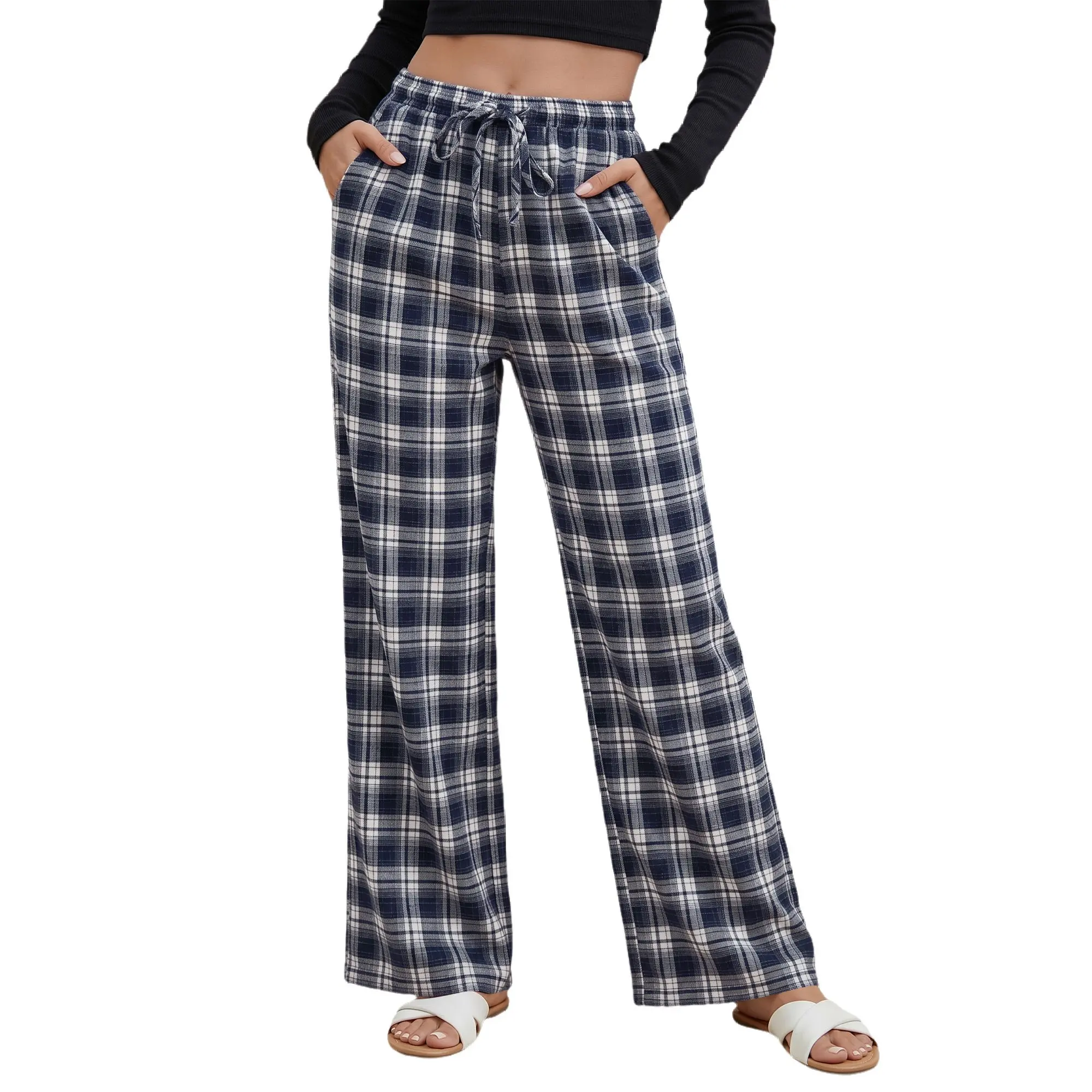 【NEW DROP】GRAPENT Plaid Pants for Women Wide Leg Elastic Waist Baggy Pull On Trousers | Tartan Pattern, High Waisted with Adjustable Drawstring, Casual Pants with Pockets, Relaxed Fit, For Daily Wear, Fall Outfits backtoschool