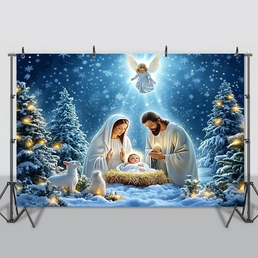 Christmas Nativity Scene Banner - 1pc 2D Flat Polyester Fabric Religious Wall Art Decoration with Snowy Trees, Angel Ornaments, Festive Backdrop for Home, Garden, Birthday Celebrations,summerwins