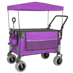 Multi-Functional Push-Pull Folding Wagon Cart with Rotating Handle & Canopy, 9"x4" Beach Tires for Camping & Beach, Load Capacity 480lbs, 300L Large Capacity for Transport, Groceries, Outdoor Use