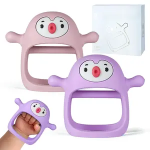 2pack Penguin Teether for Babies 0-6Month, Infant Teething Toys,Pacifiers for Breastfed Babies, Silicone Teething Mittens for 3-6Months, Perfect Shower Gift+Baby Registry, Pink&Purple
