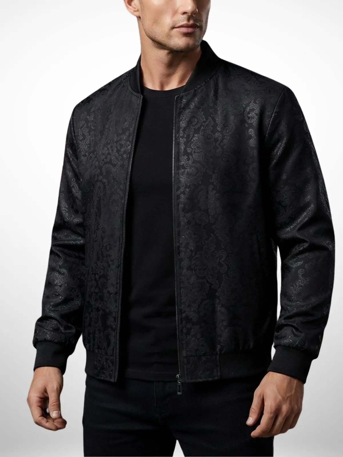 Men’s vintage paisley jacquard baseball jacket with dark floral print, zip closure, ribbed hem, lightweight casual outerwear