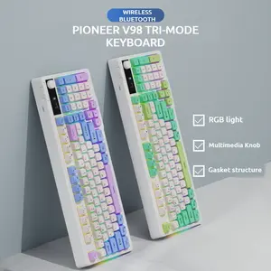 EWEADN Wireless Three-Mode Membrane Keyboard Blue Design with Rainbow Backlight Portable Ergonomic Layout Multimedia Knob and Ball Keycaps Compatible with Windows Laptop Suitable for Gaming and Office Use