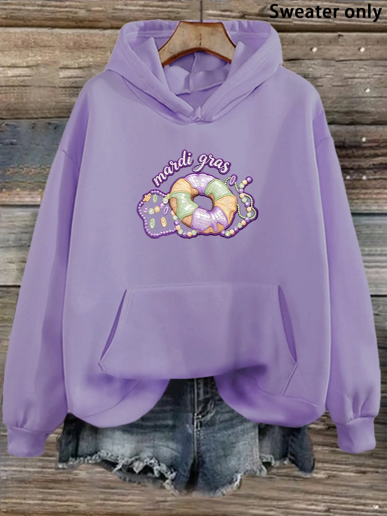 Festive Donut Print Women's Drawstring Hoodie, Sweet Eye-Catching Casual Top for Fall & Winter, Fitted Design with Pockets