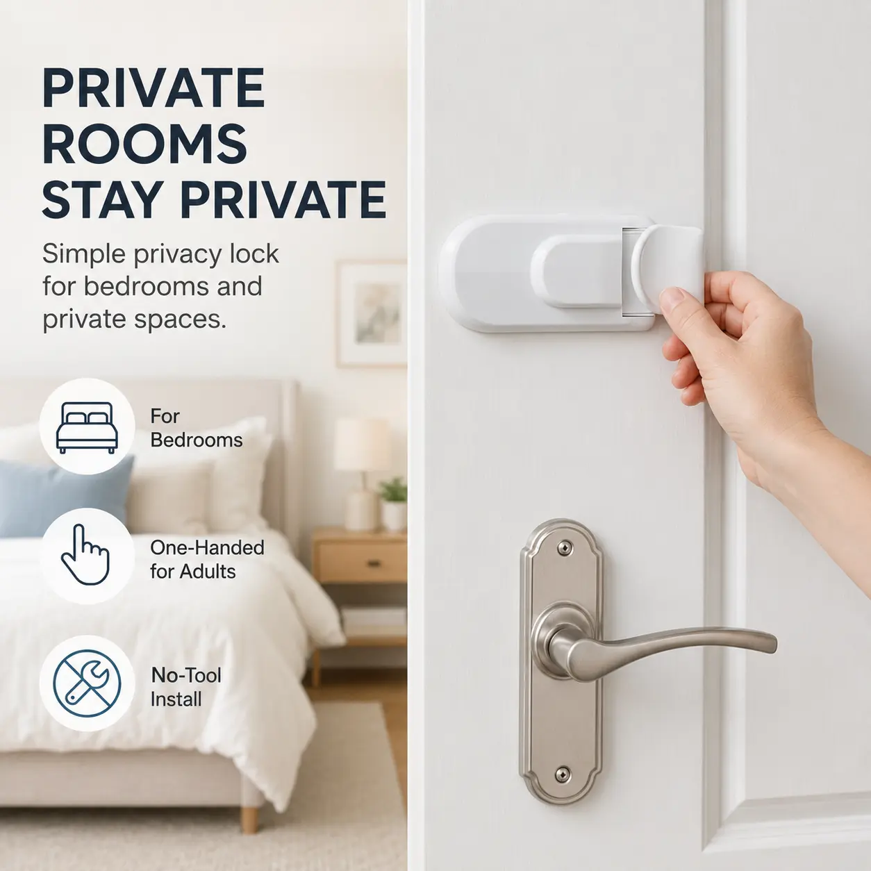 2 Pcs Adjustable Snap-On Interior Door Lock - No-Drill Renter Friendly Safety Latch for Knobs, Levers, Housewarming Gift, Switch to Normal Function for Bedrooms, Bathrooms