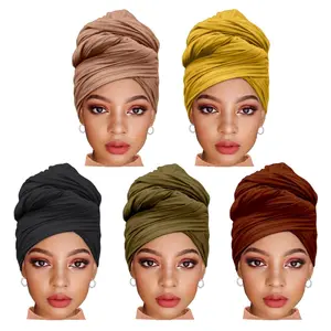 5PCS Stretch Jersey Hijab Set for Women – Extra Long Soft Head Wraps, Solid Color Turban Scarves (Black, Camel, Coffee, Army Green, Turmeric)