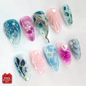 S59 Shark & Bubbles Press-On Nails, 3D Shark, Iridescent Shells & Star, Purple Teal Glow, Custom Press-On Nail, Solana Nails Town