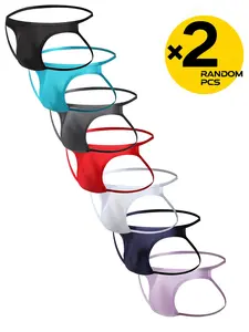 2/3/4 Pcs Random Color Men's Solid Thong Briefs, Narrow Edge Low Rise, Double Back Straps Hip Lift, U-Pouch Breathable & Soft, Bikini Style, Fashion Body Shaping Underwear for Party, Stretchy Underwear
