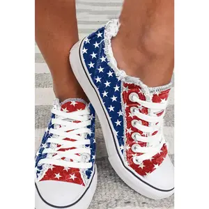 Multicolor American Flag Stars Printed Frayed Detail Lace-up Shoes