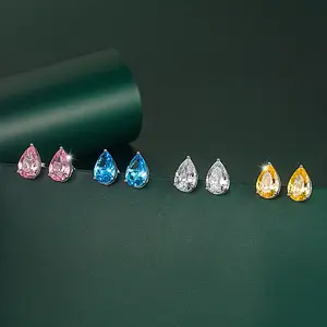 synthetic Moissanite pear cut water drop silver earrings women's color jewel earrings yellow powder zircon earrings