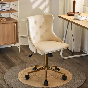 VINGLI Beige Velvet Armless Home Office Desk Chair with Gold Base/Wheels, Small Cute Vanity/Makeup Chair with Back for Bedroom, Upholstered Adjustable Rolling Swivel Nail Chair for Women/Girls
