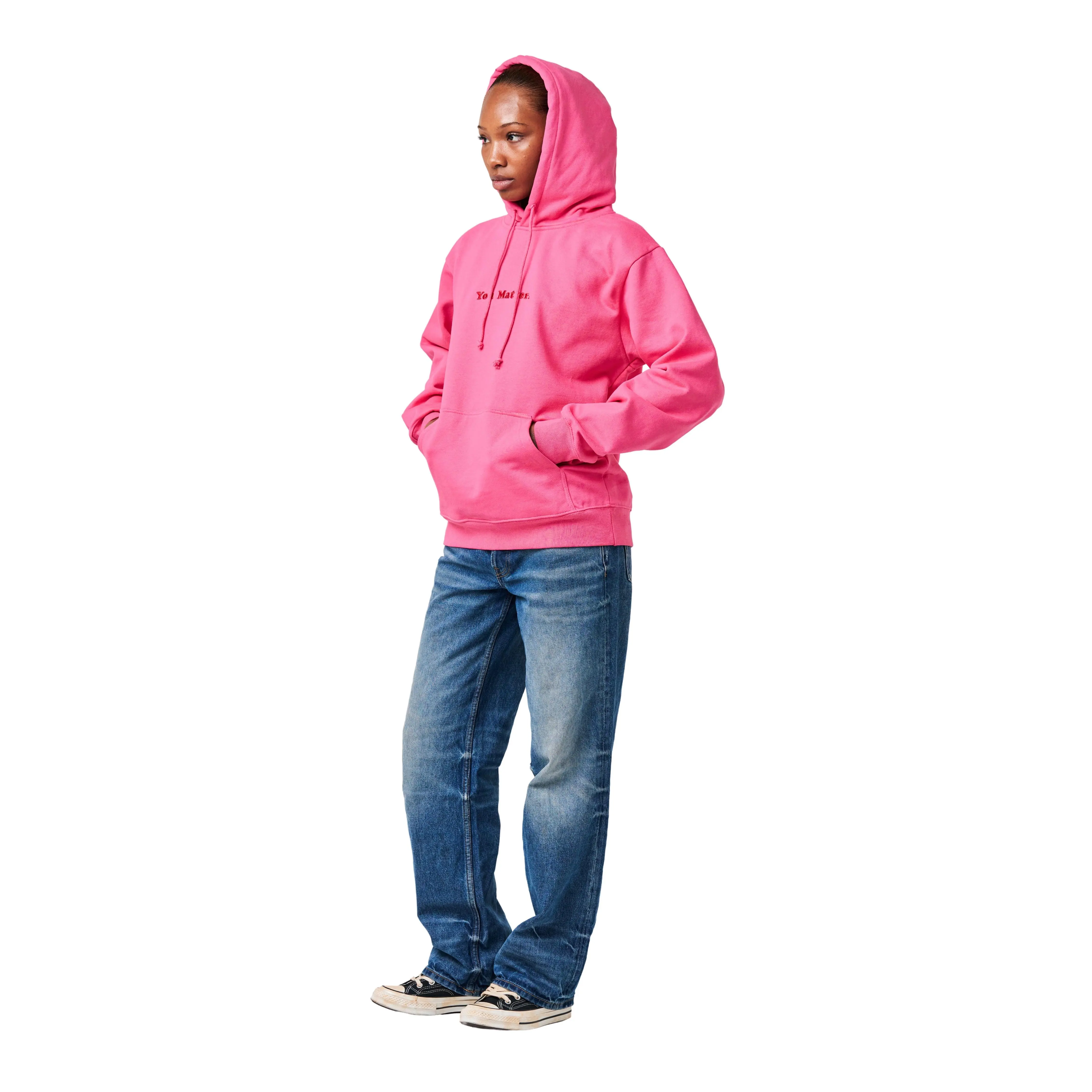 Men's Embroidered "You Matter" Cotton Long-Sleeve Satin Hoodie - Blush Pink, Cozy Hooded Men's Hoodies for Daily Wear, Cozy Men's Hoodies