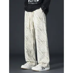 Men's Casual Tie-Dye Pants - Lightweight Polyester, Loose Fit with Drawstring Waist, Marble Pattern, Machine Washable, Spring/Summer Streetwear, Cute Pants