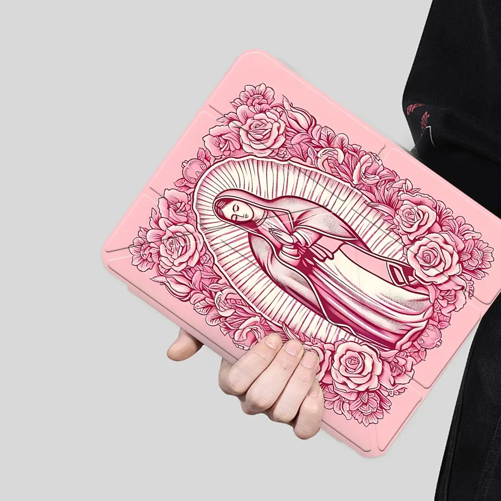 Pink Virgin Mary iPad protective case, Durable Cover, transparent acrylic Y folding stand suitable for all models of iPad including 7.9/8.3/10.2/10.5/10.9/11/12.9 13  inch,featuring all-round protection functions against scratches and impacts, great gift.