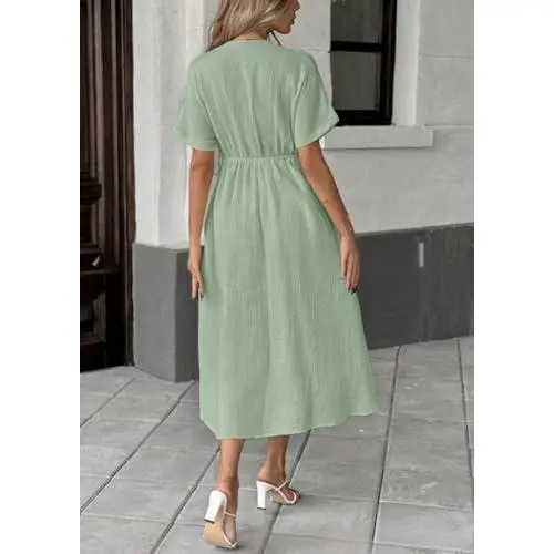 Chouyatou Women's Summer Solid Color V-Neck Cotton Dress Bohemian Style Casual Loose Short-Sleeve Drawstring Beach Dress with Pockets Chouyatou Women's Summer Solid Color V-Neck Cotton Dress Bohemian Style Casual Loose Short-Sleeve Drawstring Beach Dress with Pockets
