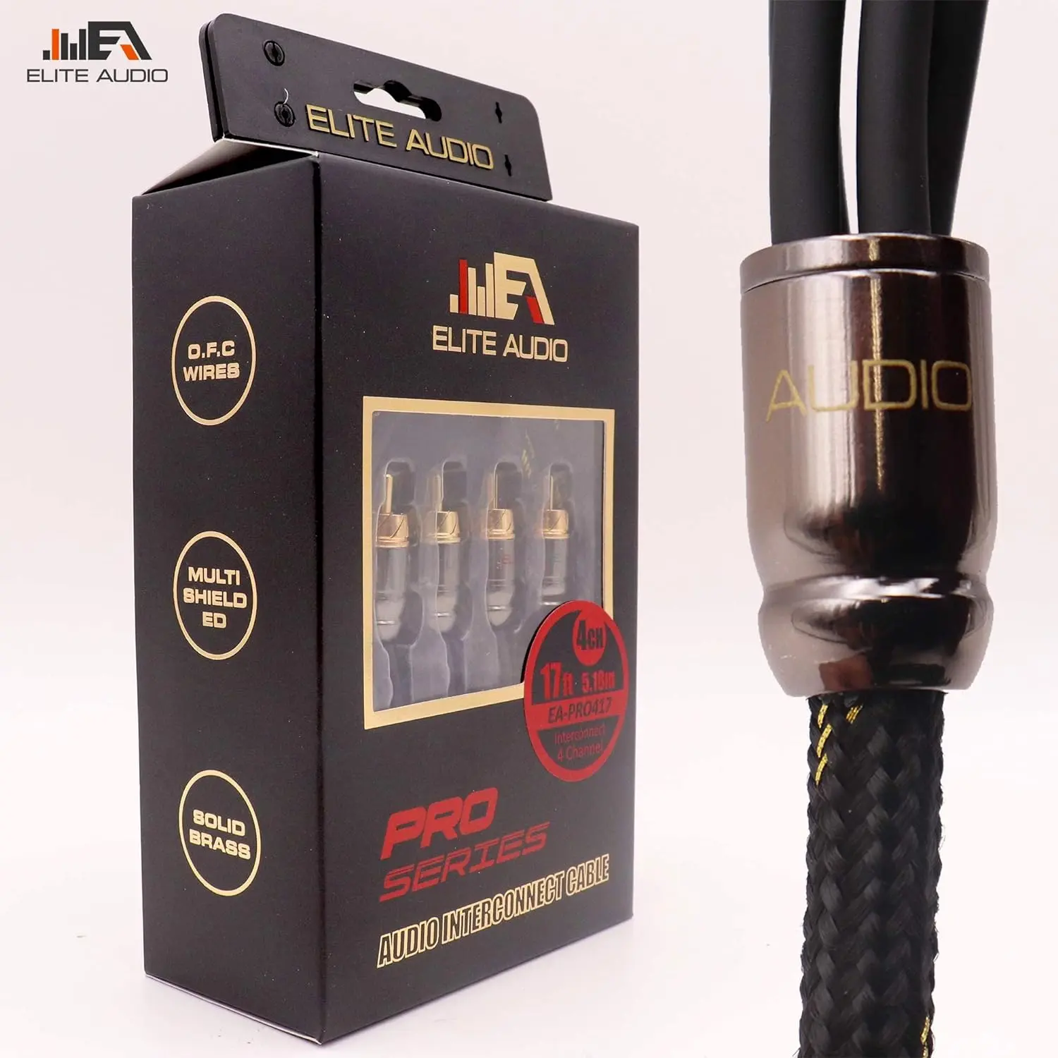 Elite Audio EA-PRO415 15ft 4-Channel RCA Stereo Cable for Car Audio Devices, Oxygen-Free Copper, Triple Shielded for Noise Protection, Durable Brass Connectors