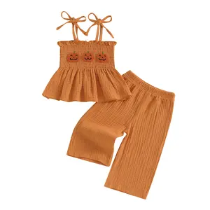 Toddler Baby Girl Halloween Ruffle Sleeveless Halter Smocked Tank Shirt Tops Bell Bottom Wide Leg Flared Pants 2Pcs Set