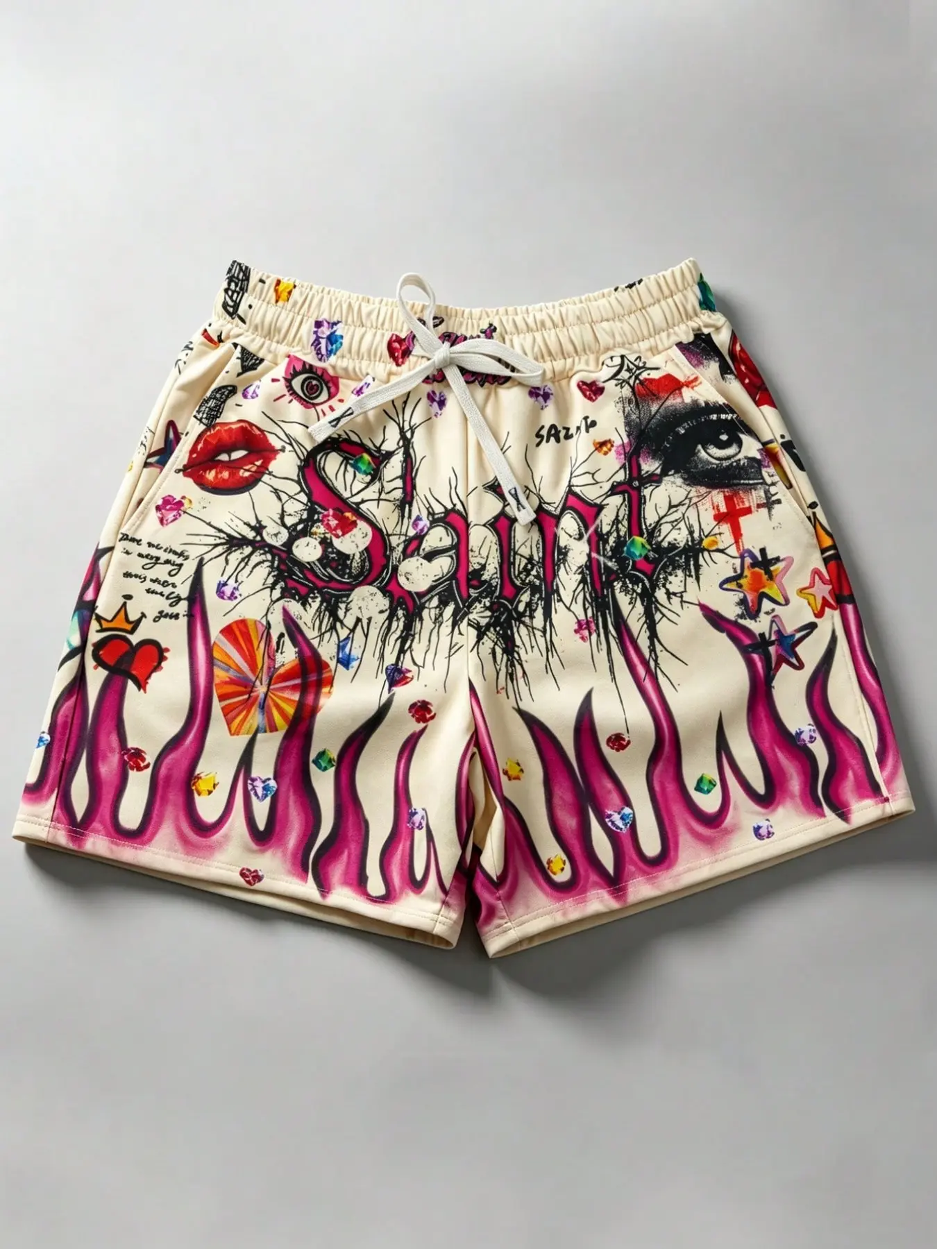 Unisex Y2K Eye & Flame Print Drawstring Waist Shorts, Summer Beach Shorts, European and American Fashion Trendy Outdoor Shorts, Casual Shorts, Street Style 2026 Bottoms