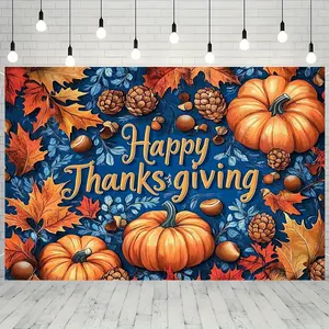 Warm Autumn Thanksgiving Backdrop – Vibrant Pumpkins, Colorful Maple Leaves, Pinecones and Nuts with "Happy Thanksgiving" Lettering, Suitable for Indoor & Outdoor Decor, Holiday, Party, Birthday Decor, An Ideal Gift