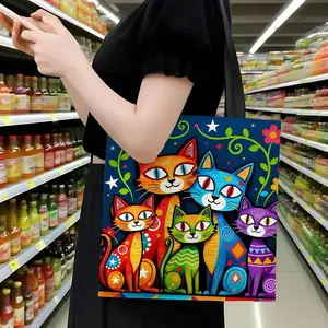 Vibrant Folklore Cat Family Canvas Bag, Active Mexican Otomi Art Print, Eco Bohemian Shoulder Bag, Lightweight Large Capacity, Tote Purses
