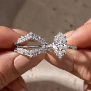 Maxine Vintage Insert 2PC Wedding Ring Set,Jacket Matching Band+2.5ct Marquise Cut Engagement Ring,Travel-Firendly Fashion Jewelry for Daily Wear